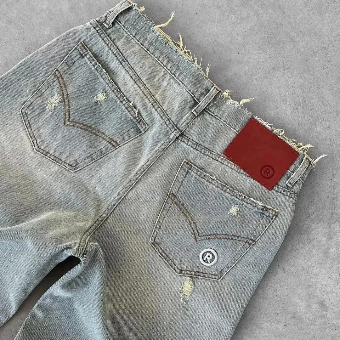 Straight Jeans Distressed Men Jean Ripped Holes Washed Denim Pants Ankle Length Loose Solid Zipper Fly Pockets Casual 2026