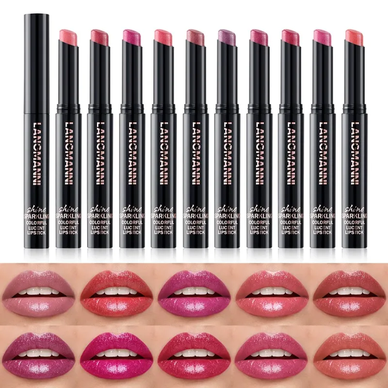 10 Colors Rotating Diamond Lipstick Slanted Glitter Shiny Metallic Lip Tint Long Lasting Nude Shimmer Shiny Lip Gloss Makeup