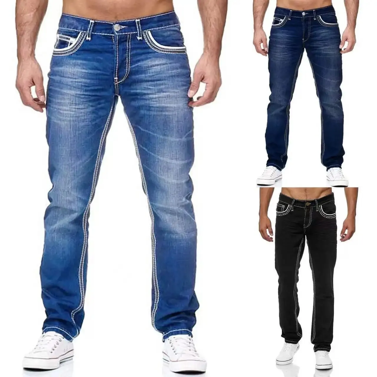 Men Jeans Solid Pockets Stretch Denim Straight Pants Spring Summer Business Casual Trousers Daily Streetwear Men's Clothing — image 2