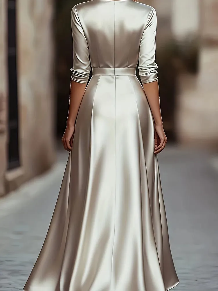 Spring/Autumn Collection: French-inspired Elegance Luxury-feel V-neck Long-sleeved Fitted Waist Dress Evening Gown for Banquets