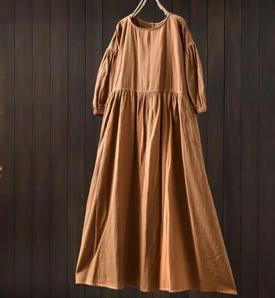 Johnature Women Vintage Cotton Dresses O-Neck Half Sleeve Soft Solid Color Robes 2025 Summer New Casual A-Line Female Dress