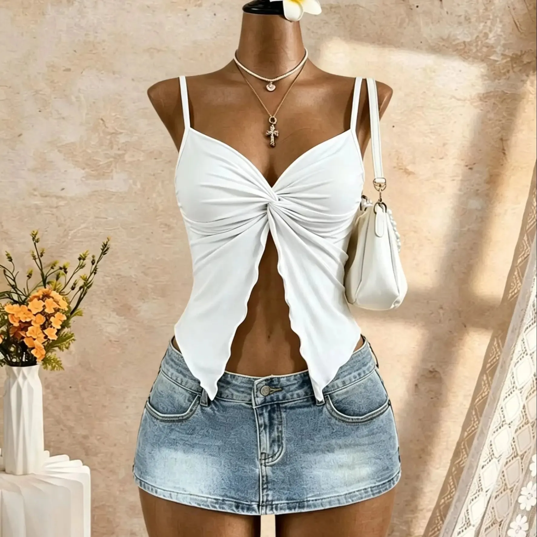 Women Spaghetti Strap V Neck Twist Front Cut Out Ruffle Irregular Hem Slim Fit Crop Cami Top 2026 Summer Y2K Solid White Sleevel