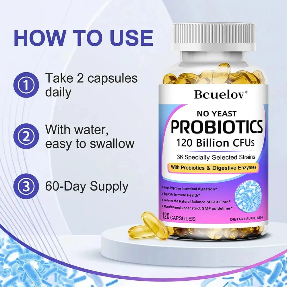 Probióticos 120 mil millones de UFC con prebióticos y enzimas digestivas Apoya la digestión Flora intestinal Alivio de la hinchazón y salud inmune