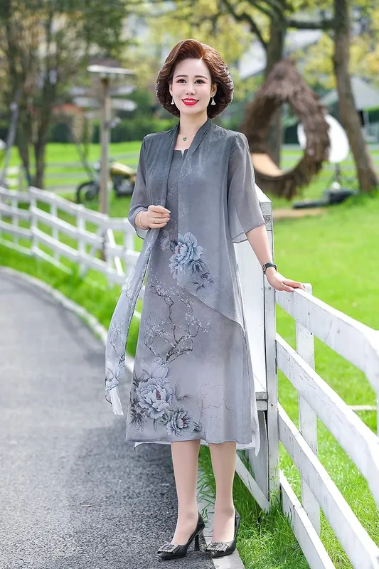 Fake two Summer Silk Middle Aaged Women Chiffon Short Sleeve Midi Dress Female Elegant Mother Dresses Vestitos