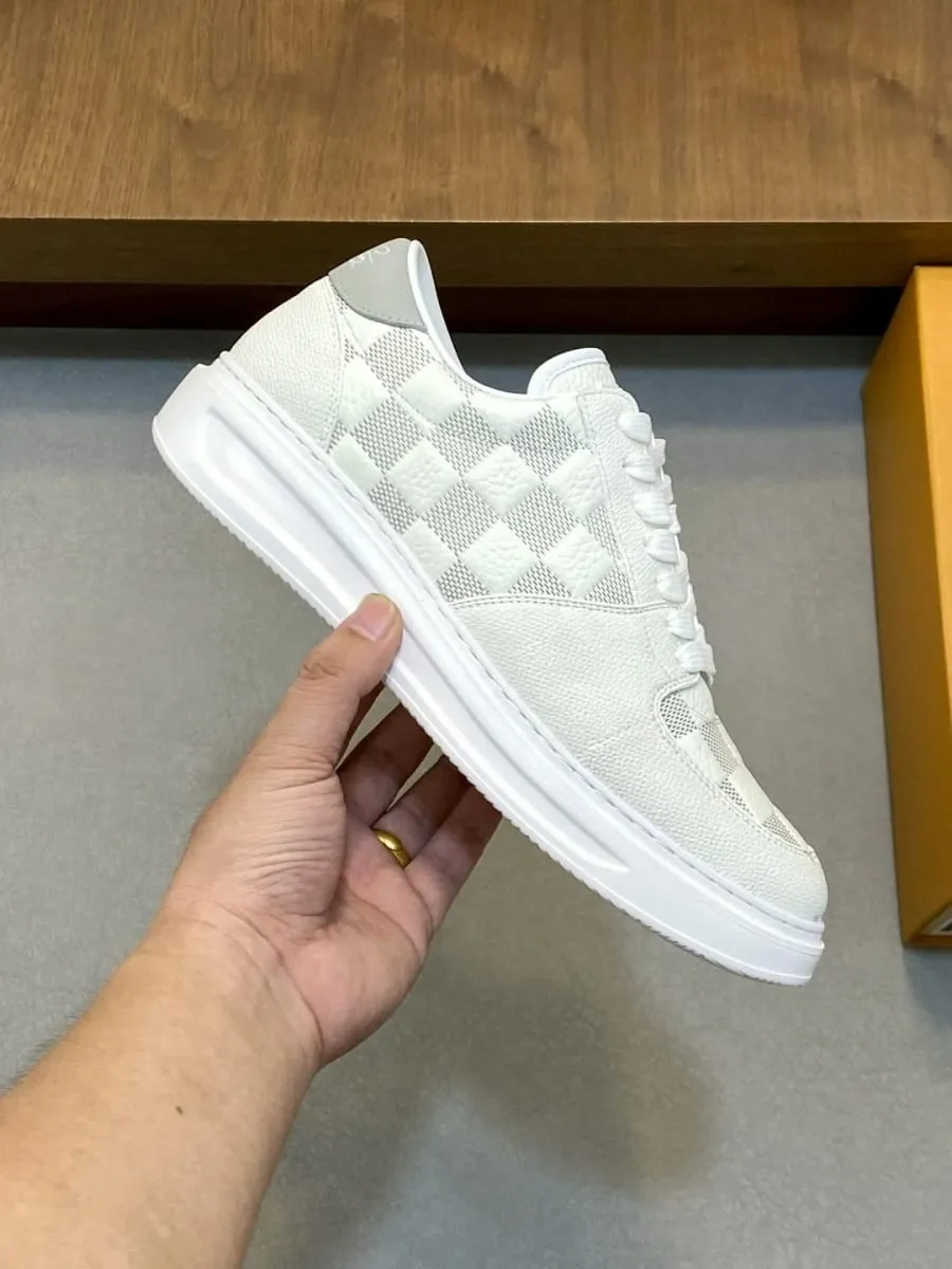 Grain Leather Low‑Top Skate Sneakers Grey White Checkerboard Print Patchwork Non‑Slip Rubber Sole Minimal Versatile Daily Walking Shoes