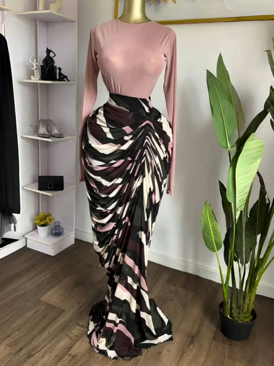 CM.YAYA Gaun Panjang Maxi Midi Bodycon Ruched Bertumpuk Tambal Sulam Bergaris Pewarna Dasi Wanita Gaun Prom Liburan Pendidikan Musim Gugur Musim Dingin