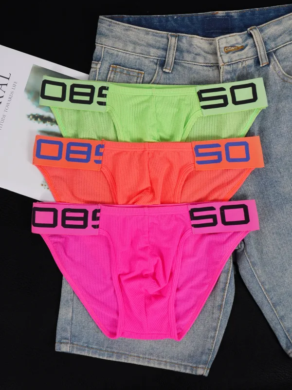 Herren-Slip aus Nylon-Mischgewebe, atmungsaktiv, Horn, Spleiß, Buchstabenprägung, breiter elastischer Bund, fluoreszierende Farbe, sexy Unterwäsche