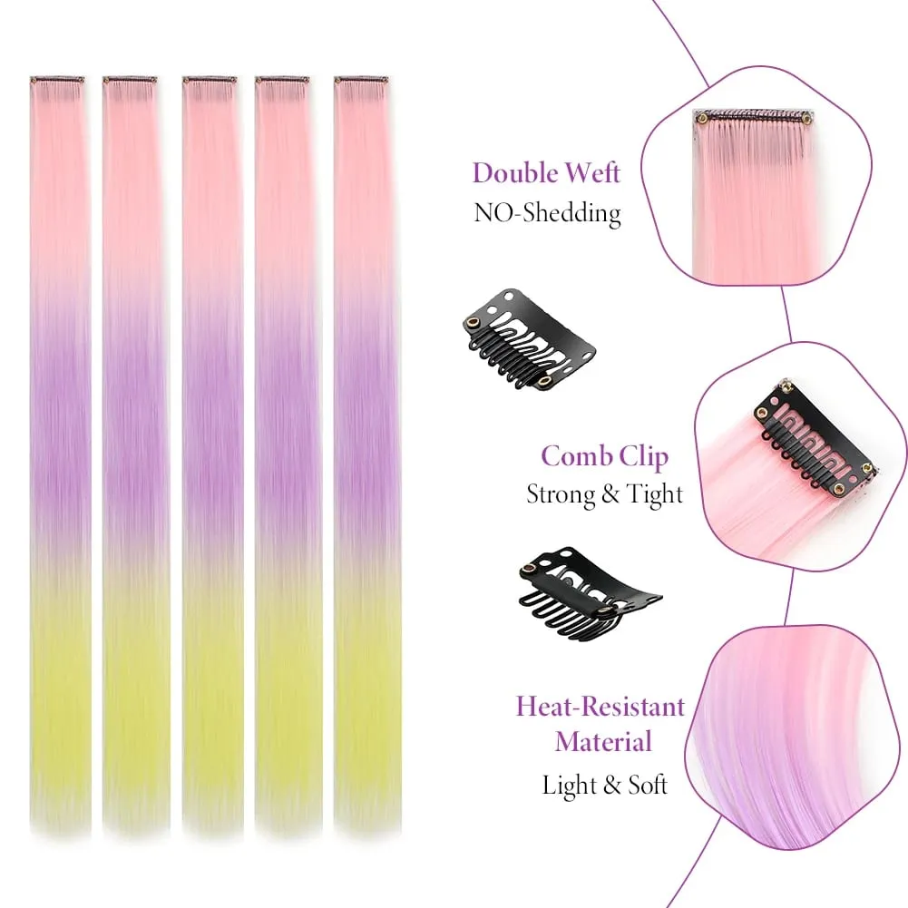 5PCS/set Clip in Hair Extensions Synthetic Hairpieces Colored Party Highlights for Girls 18 inches Multi-colors Straight Hair