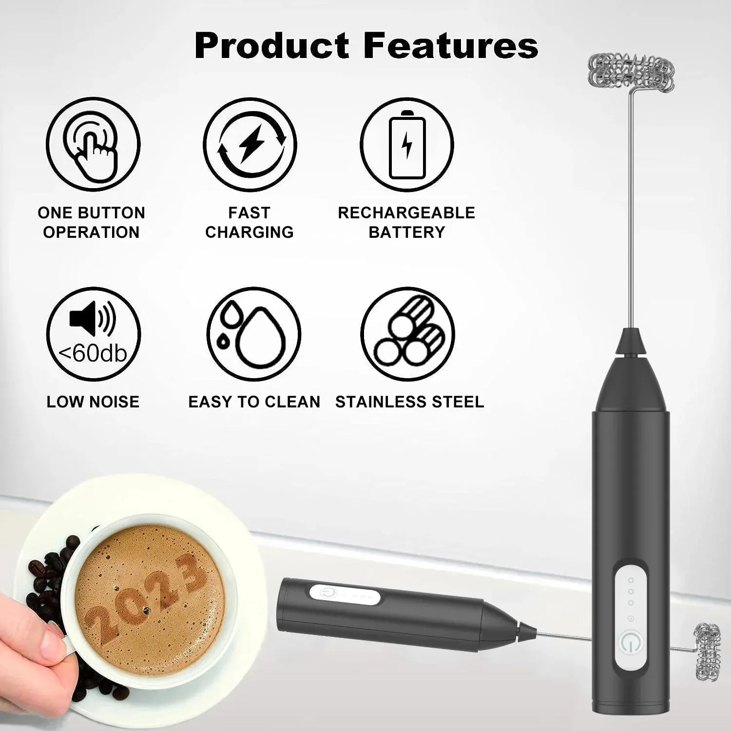 Milk Frother USB Rechargeable 3 Speeds Foam Maker Coffee Whisk Mixer Electric Handle Blender Egg Beater