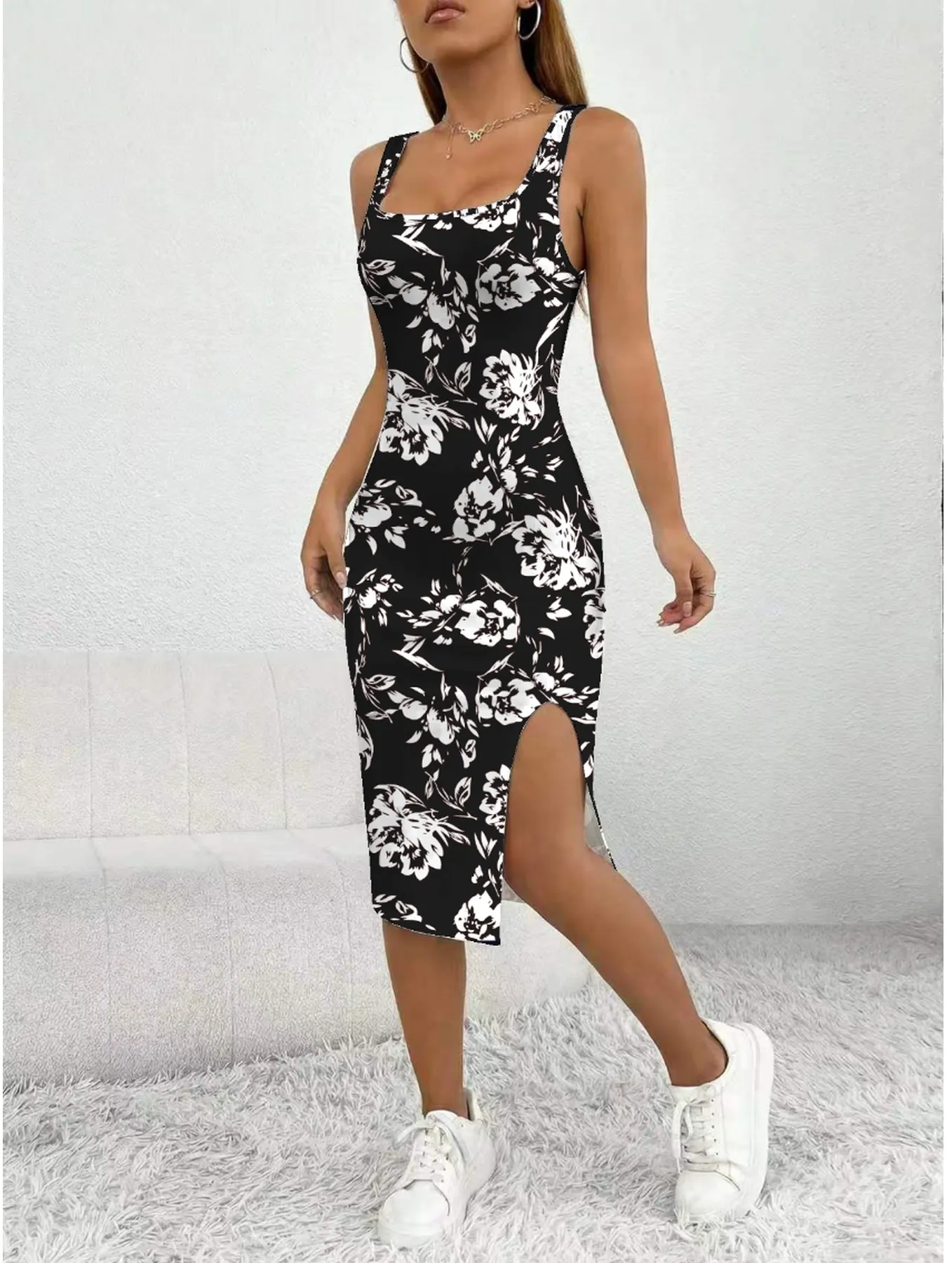 Women's Summer Casual Elegant Comfortable Square Neck Geometric Pattern Floral Pattern Slit Dress Mid Length Skirt — image 4
