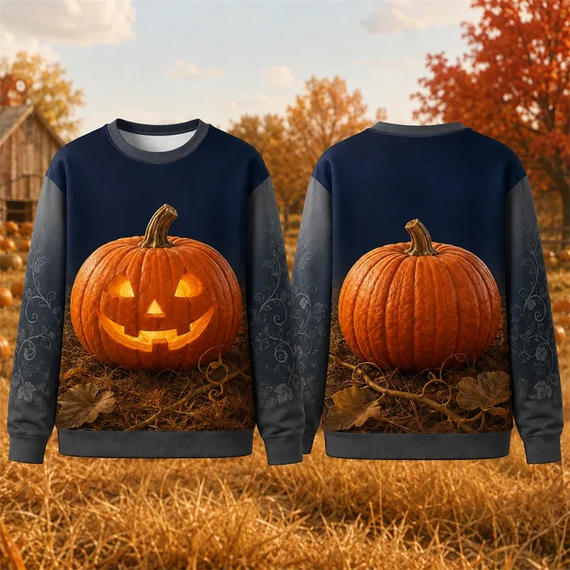 Autumn Winter Halloween Men Sweatshirt 3d Print Vintage Farm Pumpkin Lantern Pullover Sweatshirt Thanksgiving Party Unisex Top