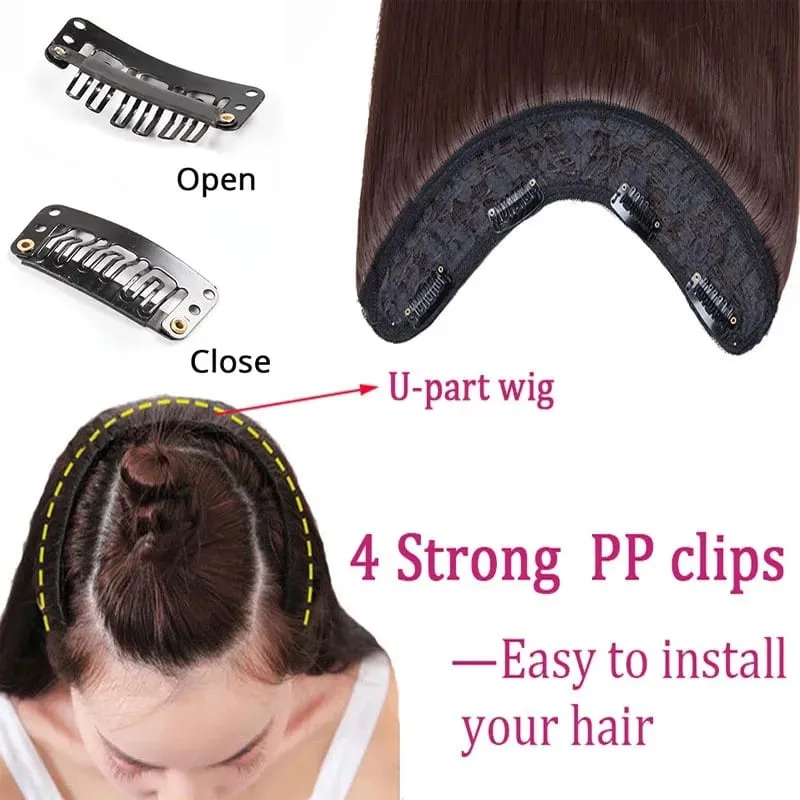 Sambungan Rambut Lurus Panjang 24Inci Sintetik 4 Klip V Bentuk Rambut Lurus Serat Tahan Panas Potongan Rambut Halimunan untuk Penggunaan Harian Wanita