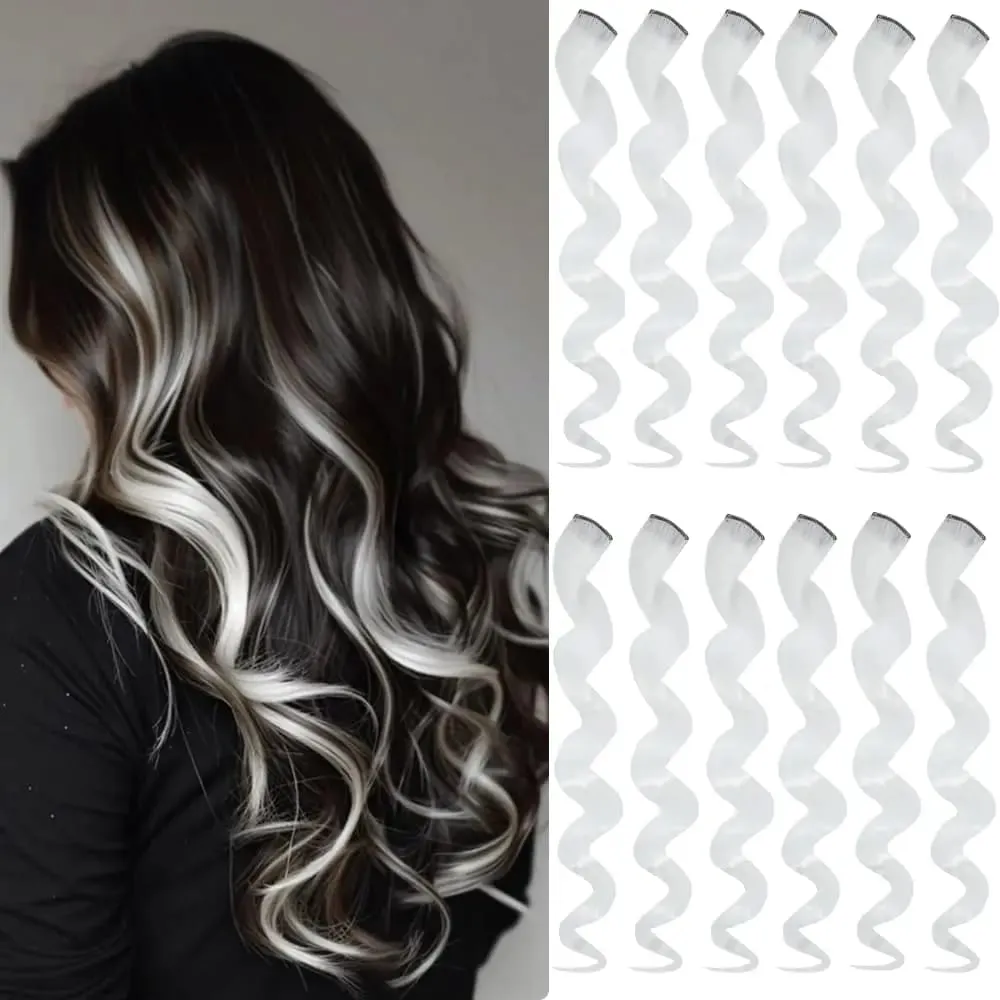 6 Pcs Black Hair Extensions 22 Inch Curly Wavy Colored Hair Colorful Clip in Extensions Highlight Party for Kids Girls Synthetic