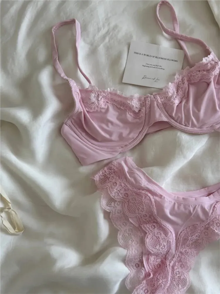 Rosa sem forro conjunto de sutiã de copo completo underwire renda guarnição elevador confortável minimalista sem costura sutiãs e calcinha todos os dias