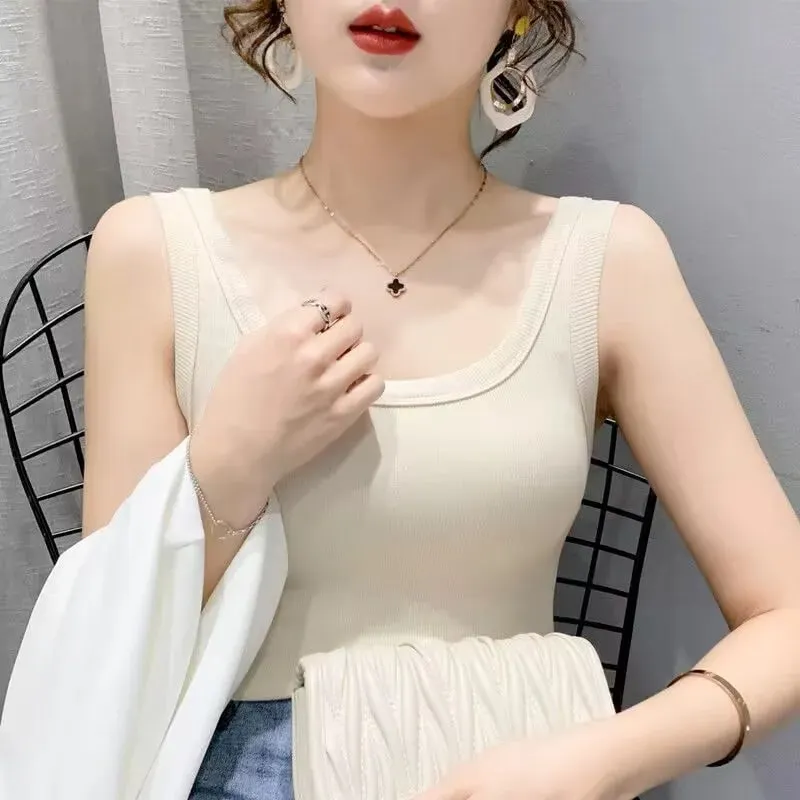 2023 Summer Women Basic Ribbed Knitted Tank Top Solid Color Sleeveless T-shirts Casual Camis Green Blue Elastic Female Tops