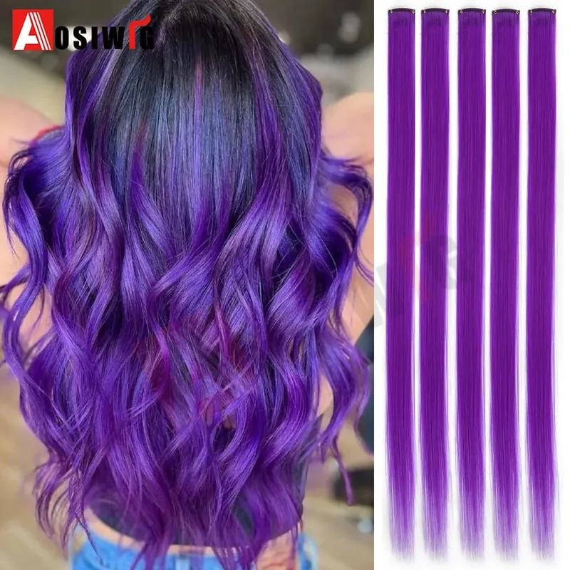 5PC Synthetic Feather Hair Extensions With Clips Heat Resistant Straight Hair Extensions Color Colored Black Hair Clip Womens 8G