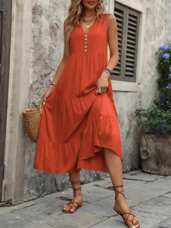 Casual Summer Midi Dress Women Sleeveless Tank V-Neck Buttons Ruffle Loose Dresses Beach Soild Sundress New Fashion Ladies Dress — image 8