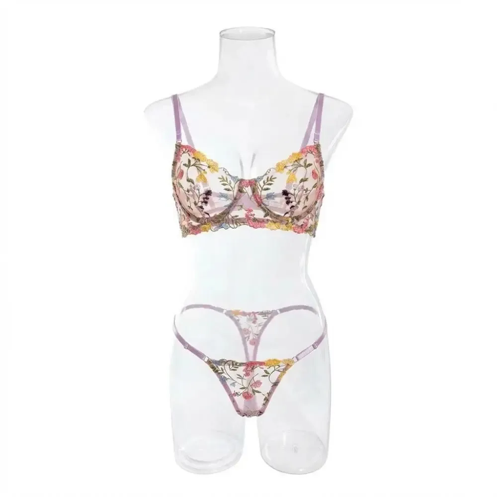 2-Piece Floral Lingerie Set Sheer Versatile Underwear Intimates Underwire Push-up Embroidery Bra Panty Set For Lady Girl — image 4
