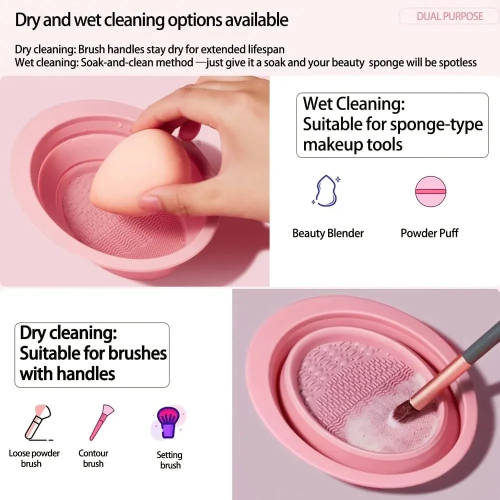 Foldable Silicone Makeup Brush Cleaner Bowl Textured Scrubber for Brushes Puffs Sponges Travel Washing Tool Compact