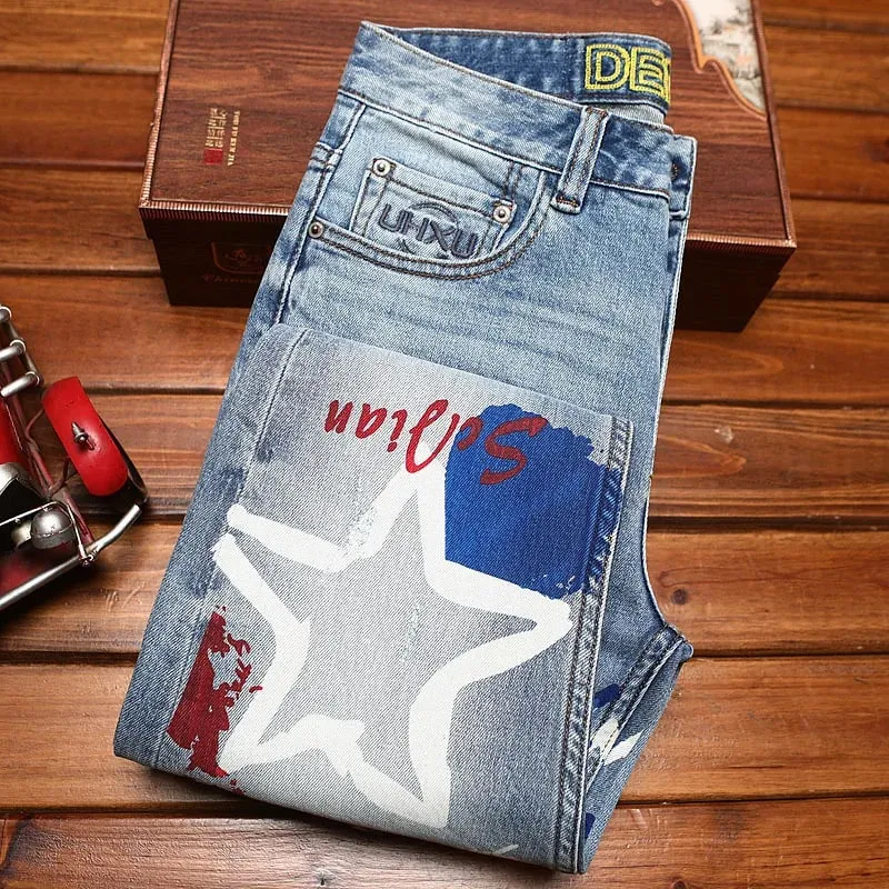 Fashionable printed jeans for men retro blue elastic slim fit small feet street fashion high-end denim casual pants