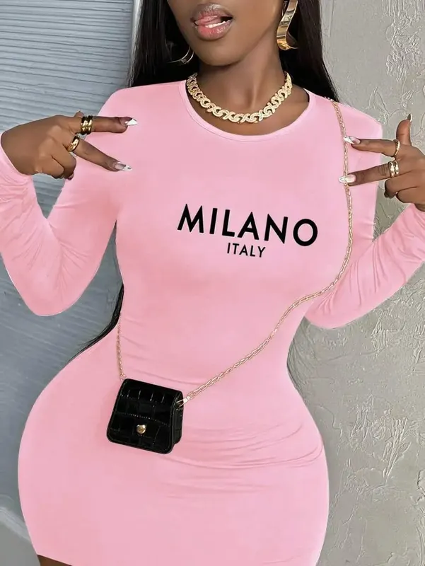 Womens Long Sleeve Bodycon Dress Casual Slogan Graphic Spring/Summer & Autumn/Winter Chic Style