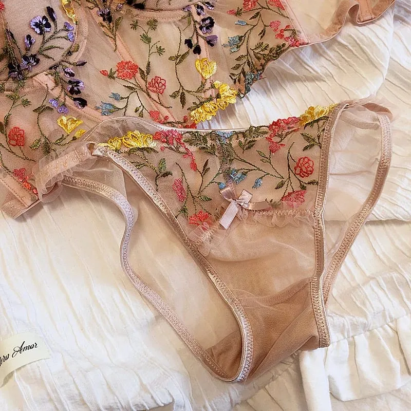 Extended Embroidered Bra And Panty Set Floral Lace Women Underwear Sexy Female Thin Cotton Cup Push Up Lingerie Suit