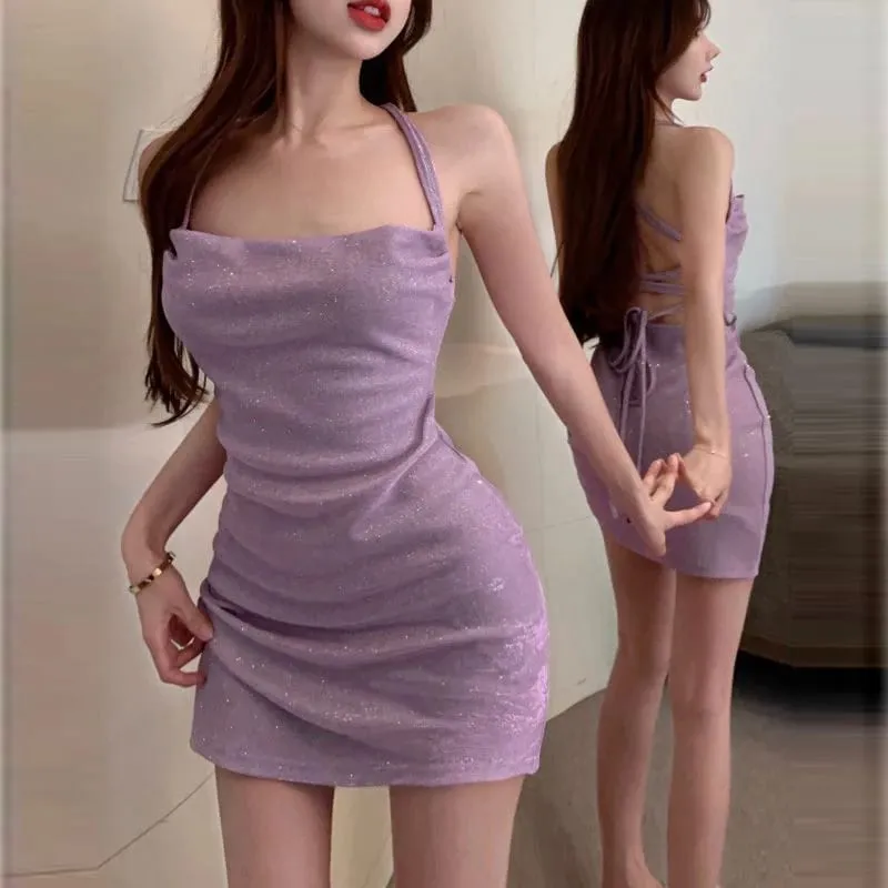 Summer Fashion Korean Version Sexy Pure Desire Wind Slim Solid Color Straps Hanging Neck Backless Sleeveless Dress — image 4