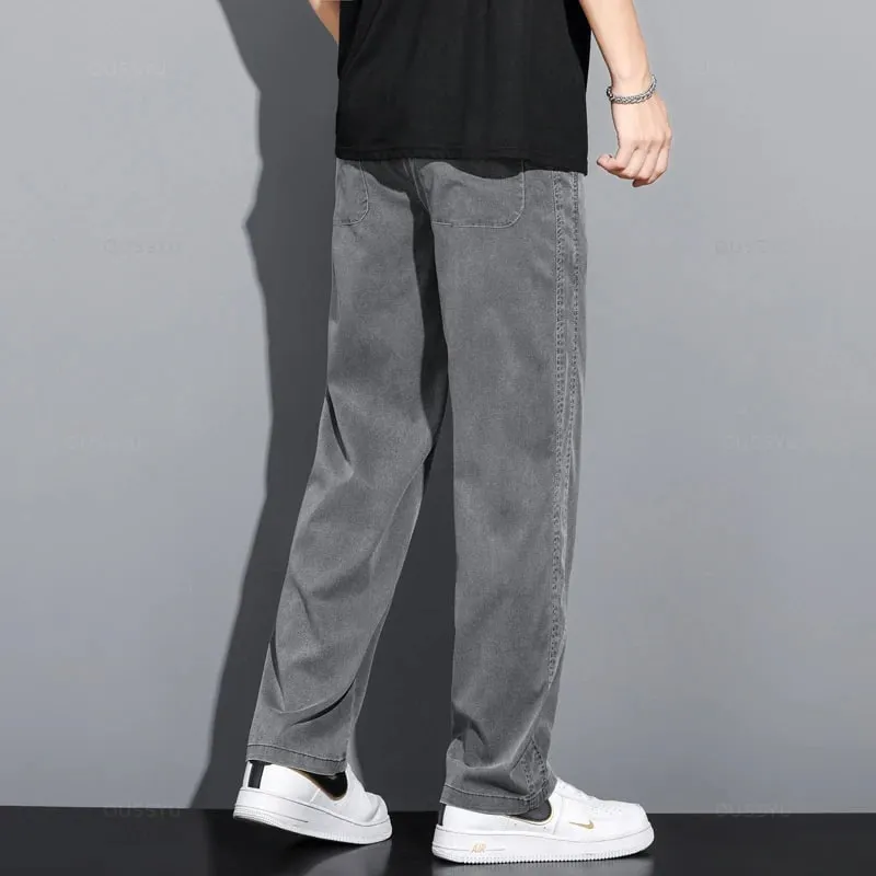 Summer Thin Soft Lyocell Fabric Jeans Men Loose Straight Wide Leg Pants Drawstring Elastic Waist Casual Trousers Plus Size M-5XL — image 5