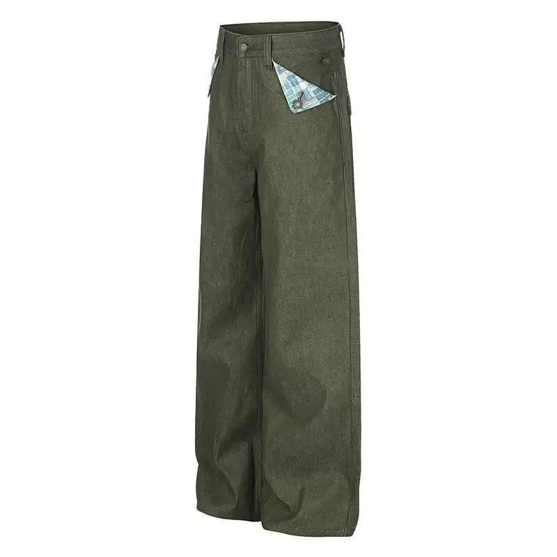 American Retro Style Army Green Wide Leg Jeans For Men Women Loose Versatile Casual Floor Length Denim Long Pants 9X4198 — image 3