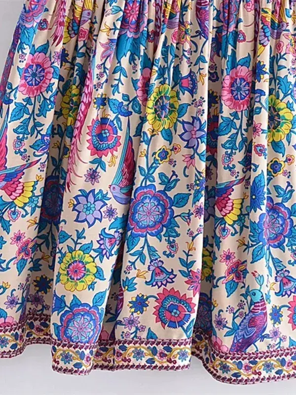 Vintage Chic mujeres Pavo Real estampado Floral profundo cuello pico bohemio Mini Vestidos señoras manga corta Happie playa Boho Vestidos