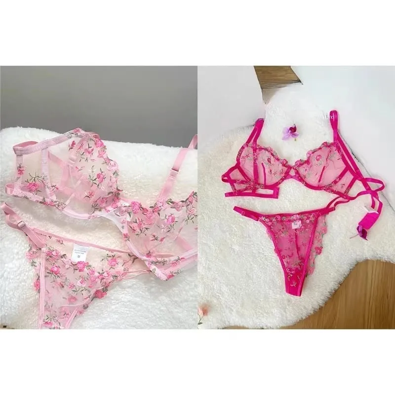Korean Hot Lace Bra Set Floral Embroidery Transparent Mesh Ultra Thin Big Bust Modest Summer Ladies Daily Wear Underwear 32-38 — image 2