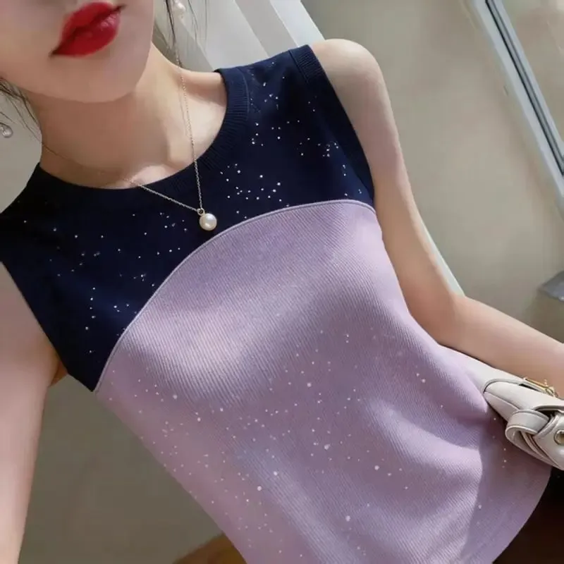 Sleeveless O-neck Contrast Patchwork Plus Size Elegant Tanks Summer Ice Silk Slim Vintage T Shirts Fashion Trend Women Clothing