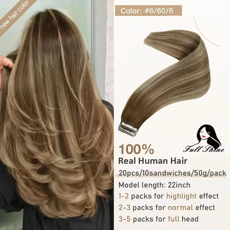 Full Shine Tape hajhosszabbításhoz 20 db Skin Weft Remy Straight Hair Ragasztó brazil hajra nőknek — image 16