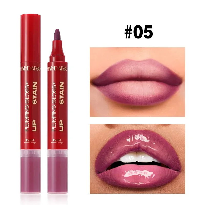 Double-headed Liquid Lip Gloss Pen Lip Contour Liner Oil 2 in 1 Lip Glaze Long Lasting Moisturizing Plumping Lips Stain Makeup