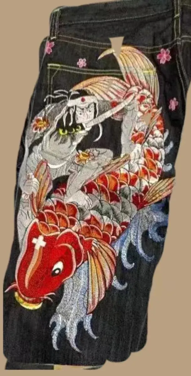 Japanese hip-hop Brocade carp printed jeans same style couple washed high waist retro casual loose ins straight wide leg pants — image 11