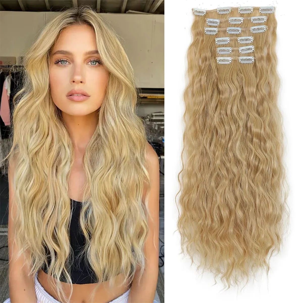 Synthetic Hair Extensions 16Clips In 6PCS Set Curly 22inch Long Clip On Hairpiece Corn Wavy Style For Women Girls Daily Party