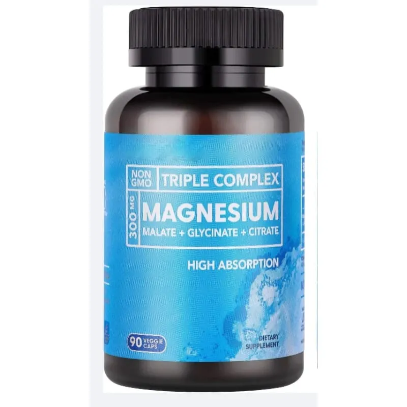 Triple Magnesium Complex 300mg Malate Glycinate Citrate High Absorption Daily Mineral Supplement Vegan Non GMO 90 Veggie Caps