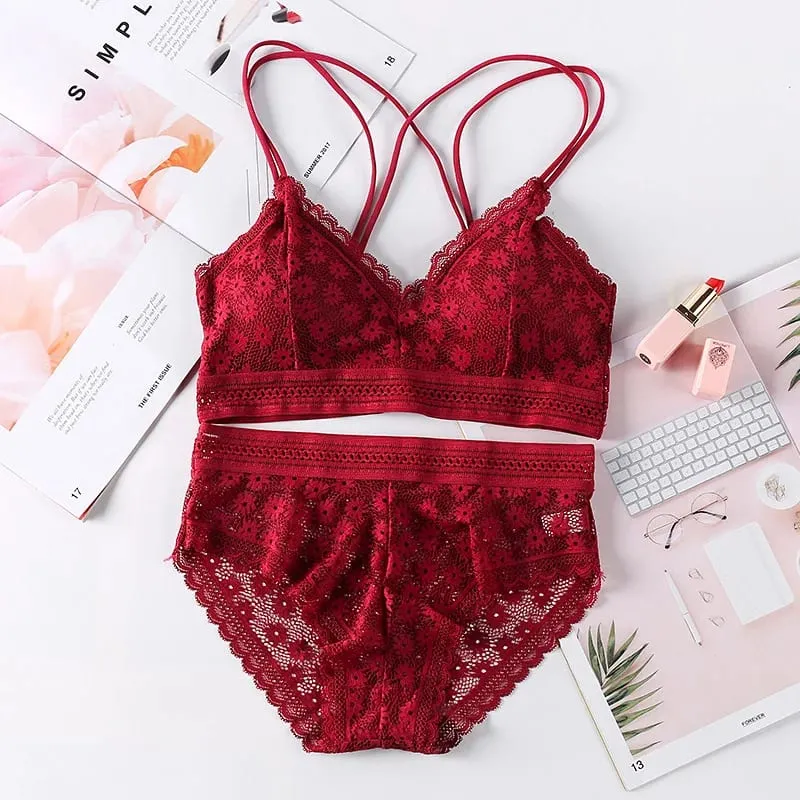 Lace Lingerie Set Cross Shoulder Strap Without Steel Ring Bra Women's Comfortable Support Underwear Fashionable Gathering Design — image 13