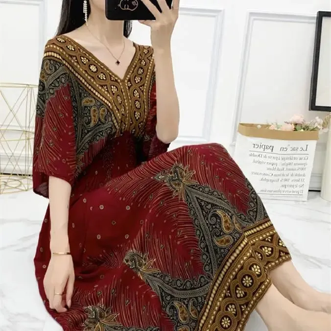 Casual Elegant Retro Bohemian National Style V-neck Elastic Waist Large Swing Printed Summer Long Skirt Woman Dress Clothes