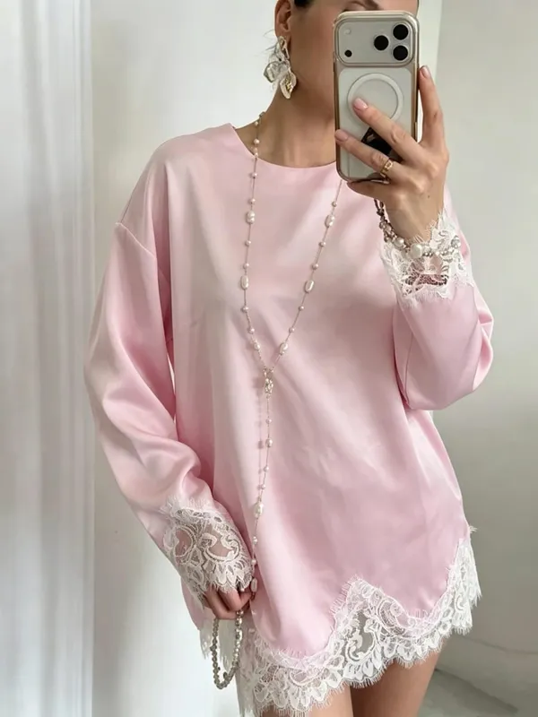Kvinder Lyseblå Blonder Satin Rund Hals Kjole Elegant Side Slips Langærmet Blød Kort Kjole 2026 Daglig Ferie Fest Solkjole