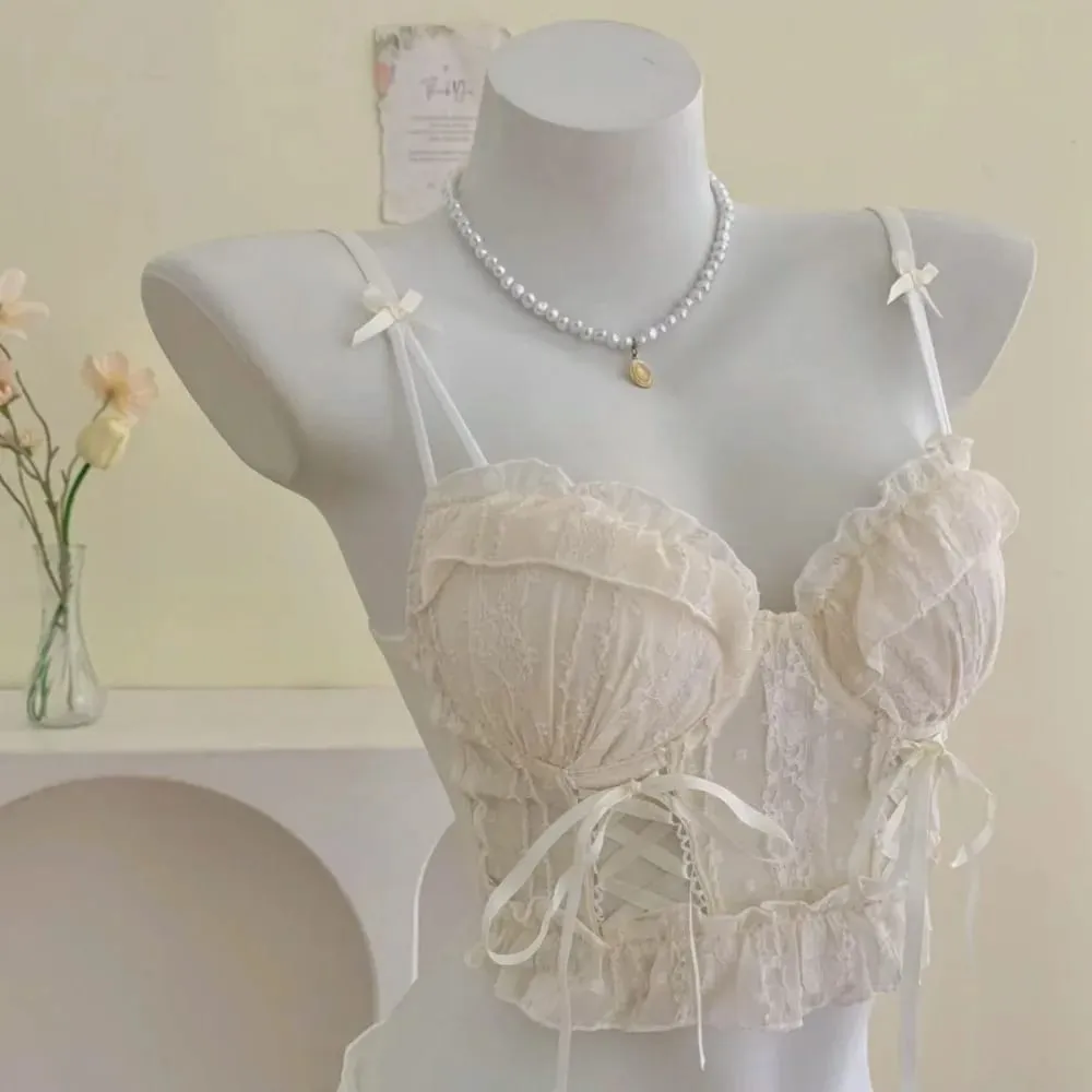 Sweet Ruffle Lace Bra Set Women Small Bust Push Up Mesh Cross Strappy Pure Gentle Daily Soft Lingerie Underwear 2 Pieces 32-38AB — image 1