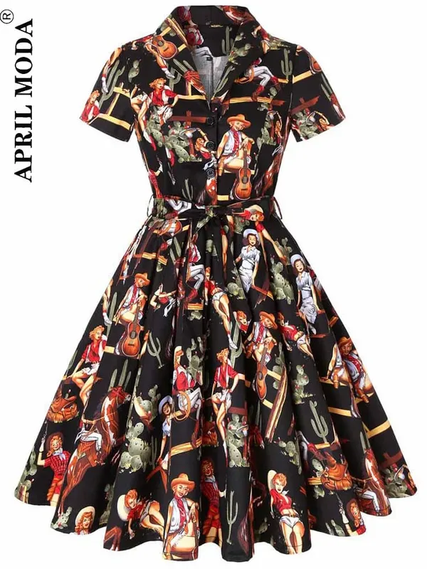 2026 Robe De Cocktail Pinup Rockabilly Dress Midi Cotton Tunic Jurken Causal Vintage 60s 1950s Big Swing Summer Party Sundress