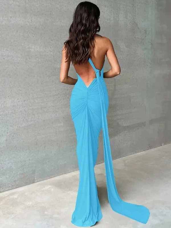 Hugcitar One Shoulder Backless Adjustable Scarf Loop Ruched Sexy Maxi Dress Women Elegant Y2K Streetwear Festival Outfit