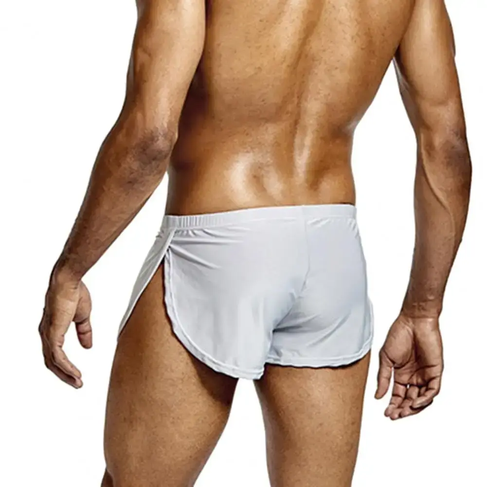 Men Solid Color Breathable Low-rise Shorts Panties Elastic Waist Side Split Ice Silk Lounge Shorts Underpants Sleepwear