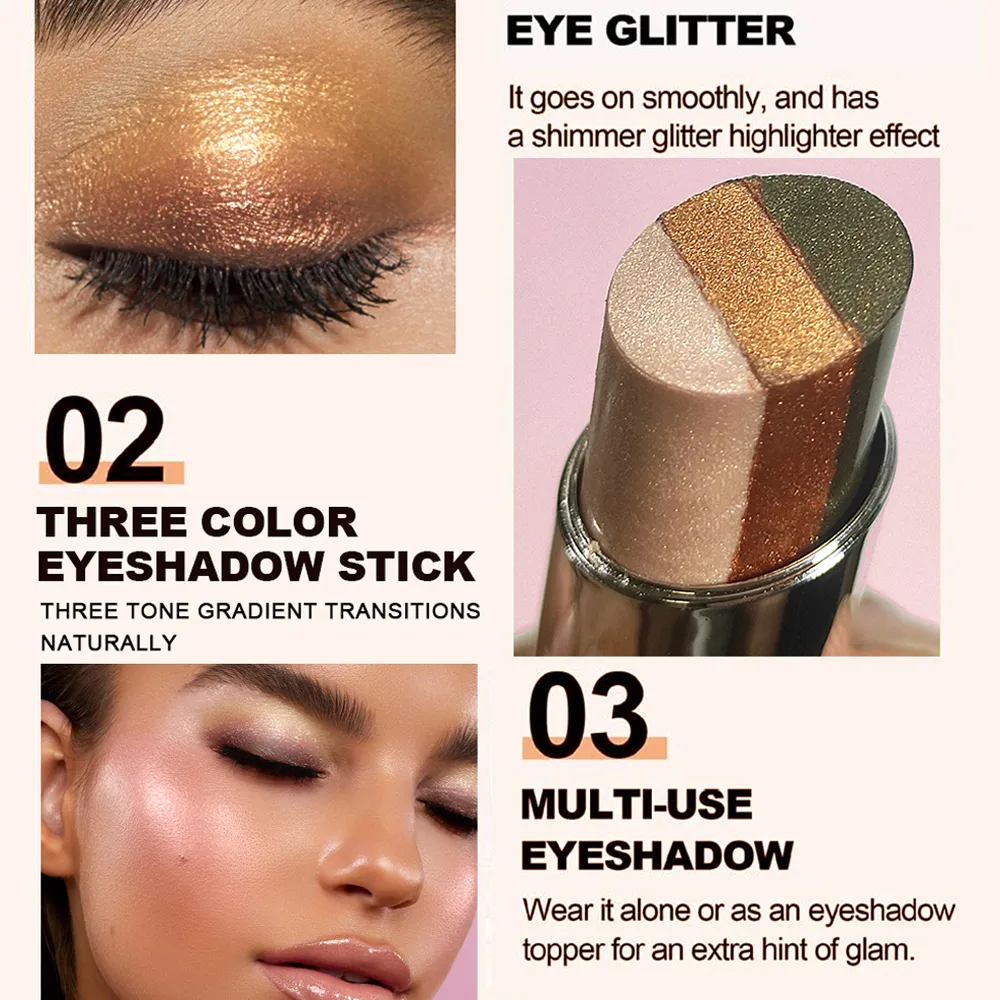 3-Color Gradient Eyeshadow Stick Shimmer Highlight Contour Cream Eyeshadow Waterproof Smudge Resistant Quick Eye Makeup Stick