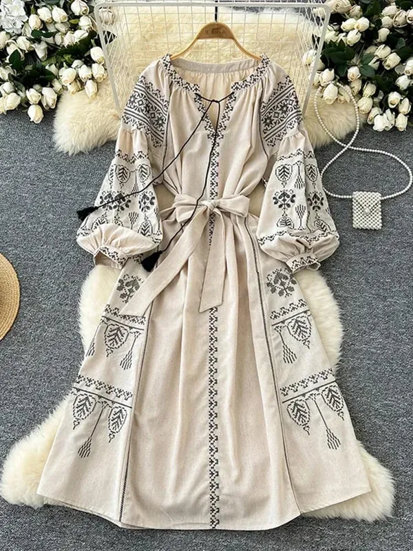 Vestido de estilo étnico Retro bohemio para mujer, vestido largo ceñido en la cintura con encaje bordado y mangas abullonadas, A155
