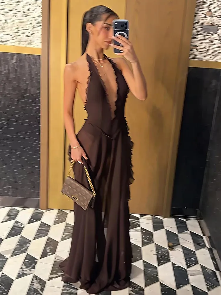 Mozision Halter Dyb V-hals Rygløs Sexet Maxikjole Kvinder Elegant Off-Soulder Ærmeløs Høj Split Club Party Lang Kjole