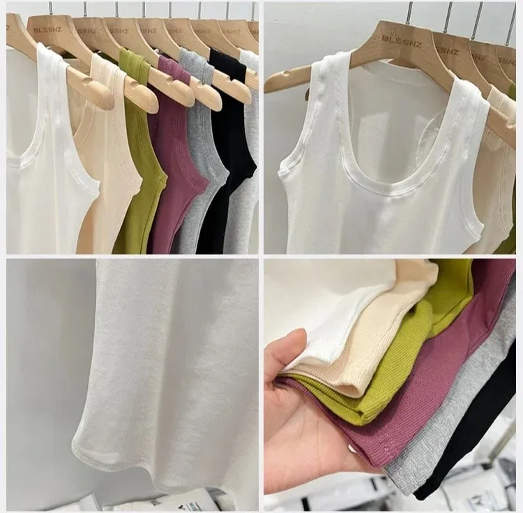 2026 Women Solid Low Round Neck Ribbed Camisole Summer Basic Elastic Tank Top Korean Style Versatile Slim Tanks & Camis