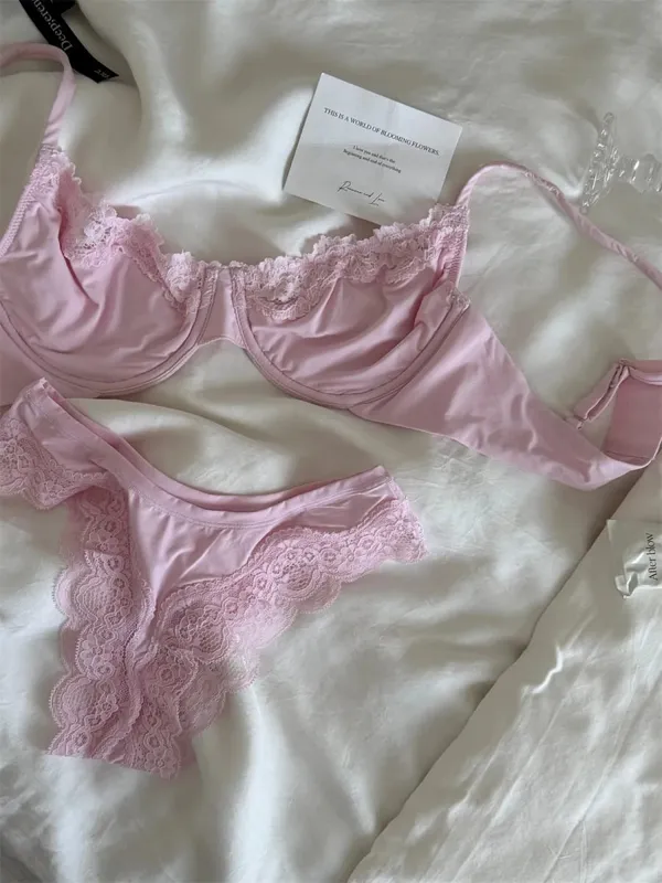 Rosa sem forro conjunto de sutiã de copo completo underwire renda guarnição elevador confortável minimalista sem costura sutiãs e calcinha todos os dias