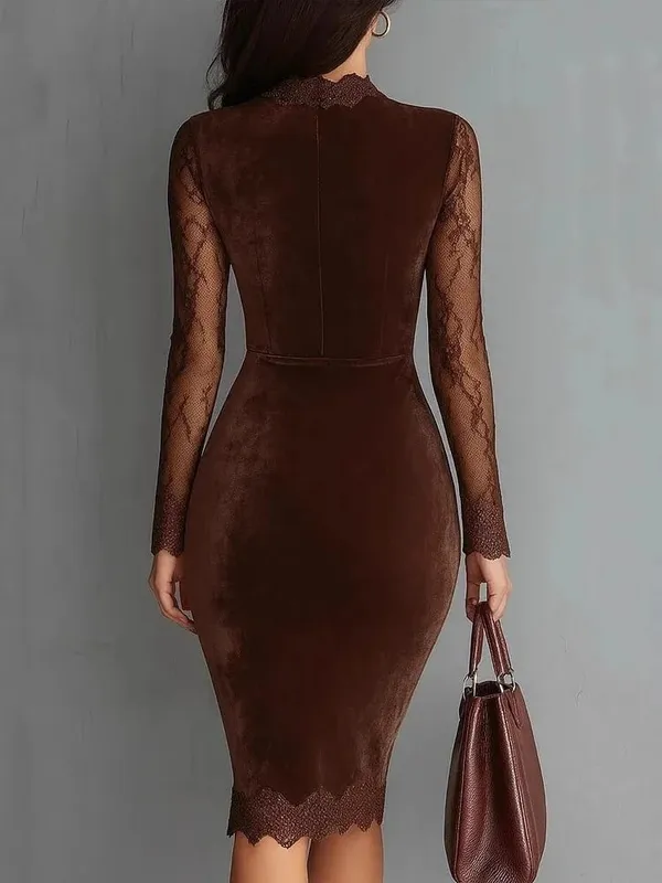 New Sexy Lace See-through Long-sleeved Dress Spring Summer Elegant V-neck Lace Patchwork Waist-covering Hip Dress Robe Femme